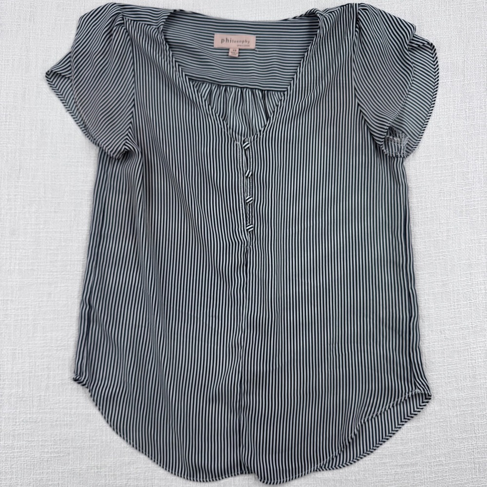 Philosophy Womens XS Striped V-Neck Flutter Sleeve Blouse‎ Black White Office - Picture 2 of 8